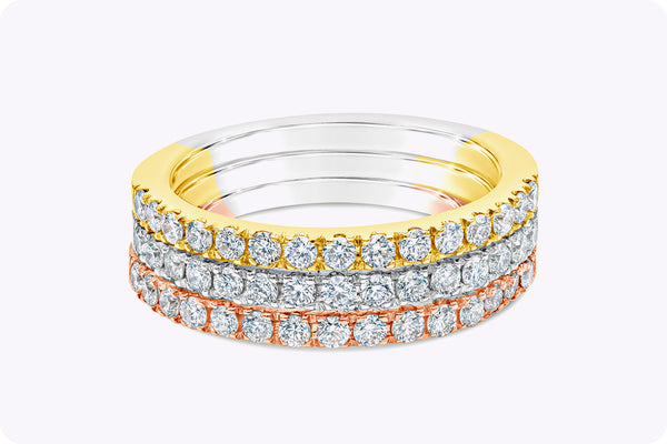 1.01 Carat Total Round Diamond Three-Row Stacked Wedding Band Ring in Tri-Color Gold