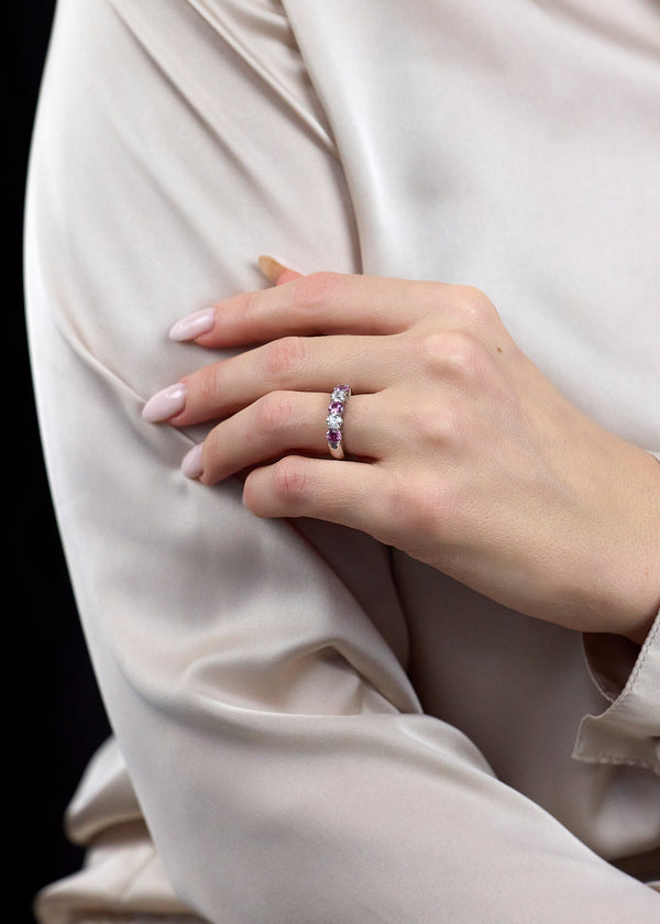 1.66 Carats Total Round Pink Sapphire and Diamond Five-Stone Wedding Band in Platinum