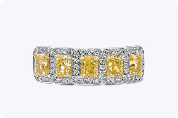 1.51 Carats Fancy Yellow Diamond Halo Five-Stone Wedding Band in Yellow Gold and Platinum