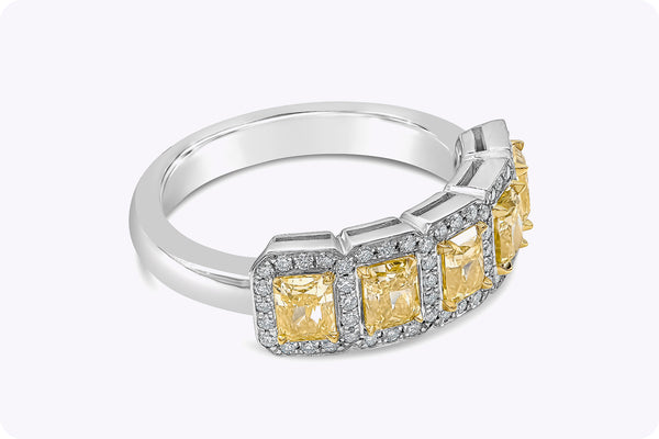 1.51 Carats Fancy Yellow Diamond Halo Five-Stone Wedding Band in Yellow Gold and Platinum