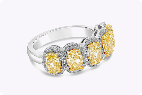 2.51 Carats Oval Cut Vivid Yellow Diamond Halo Five-Stone Wedding Band in Yellow Gold and Platinum