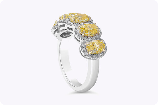 2.51 Carats Oval Cut Vivid Yellow Diamond Halo Five-Stone Wedding Band in Yellow Gold and Platinum