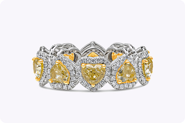 3.64 Carat Total Heart Shape Yellow Diamond Halo Eternity Wedding Band in Yellow Gold and Platinum