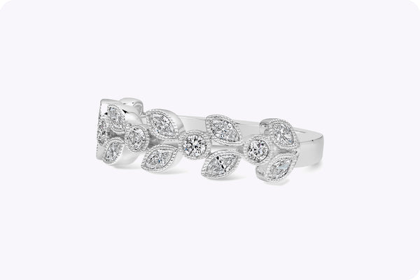 0.71 Carat Total Mixed Cut Diamond Leaf Fashion Ring in White Gold