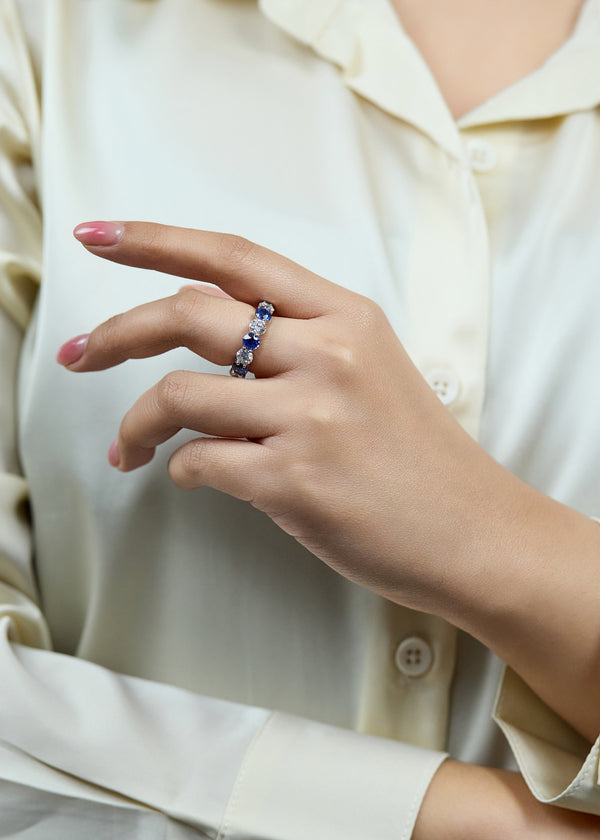 6.95 Carats Total Alternating Round Blue Sapphire and Diamond Eternity Wedding Band in Platinum