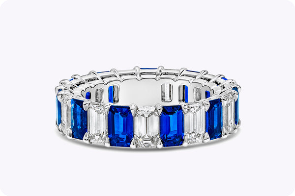 7.06 Carats Total Emerald Cut Alternating Blue Sapphire and Diamond Wedding Band Ring in Platinum