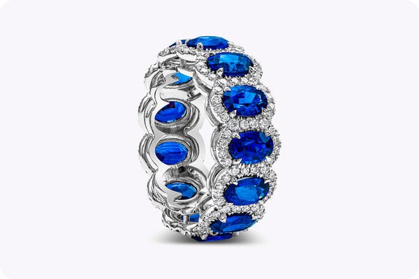 7.18 Carat Oval Cut Blue Sapphire Halo Eternity Wedding Band Ring in White Gold