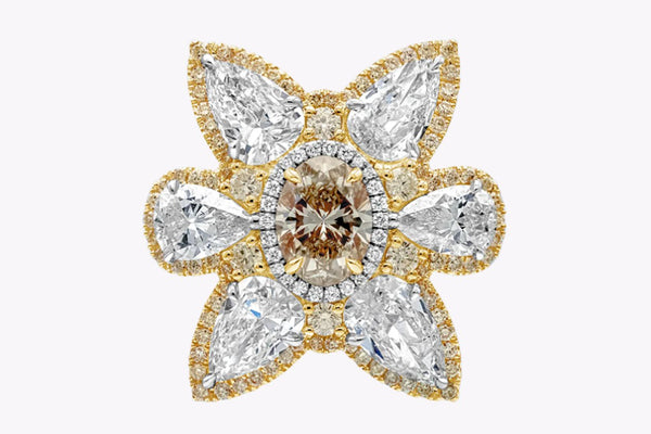 GIA Certified 11.15 Carats Total Mixed-Cut Diamond Flower Cocktail Ring in Yellow Gold & Platinum