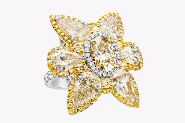 GIA Certified 11.15 Carats Total Mixed-Cut Diamond Flower Cocktail Ring in Yellow Gold & Platinum