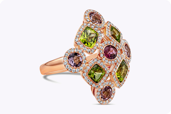 7.32 Carats Total Multi Stones Tic-Tac-Toe Fashion Ring in Rose Gold