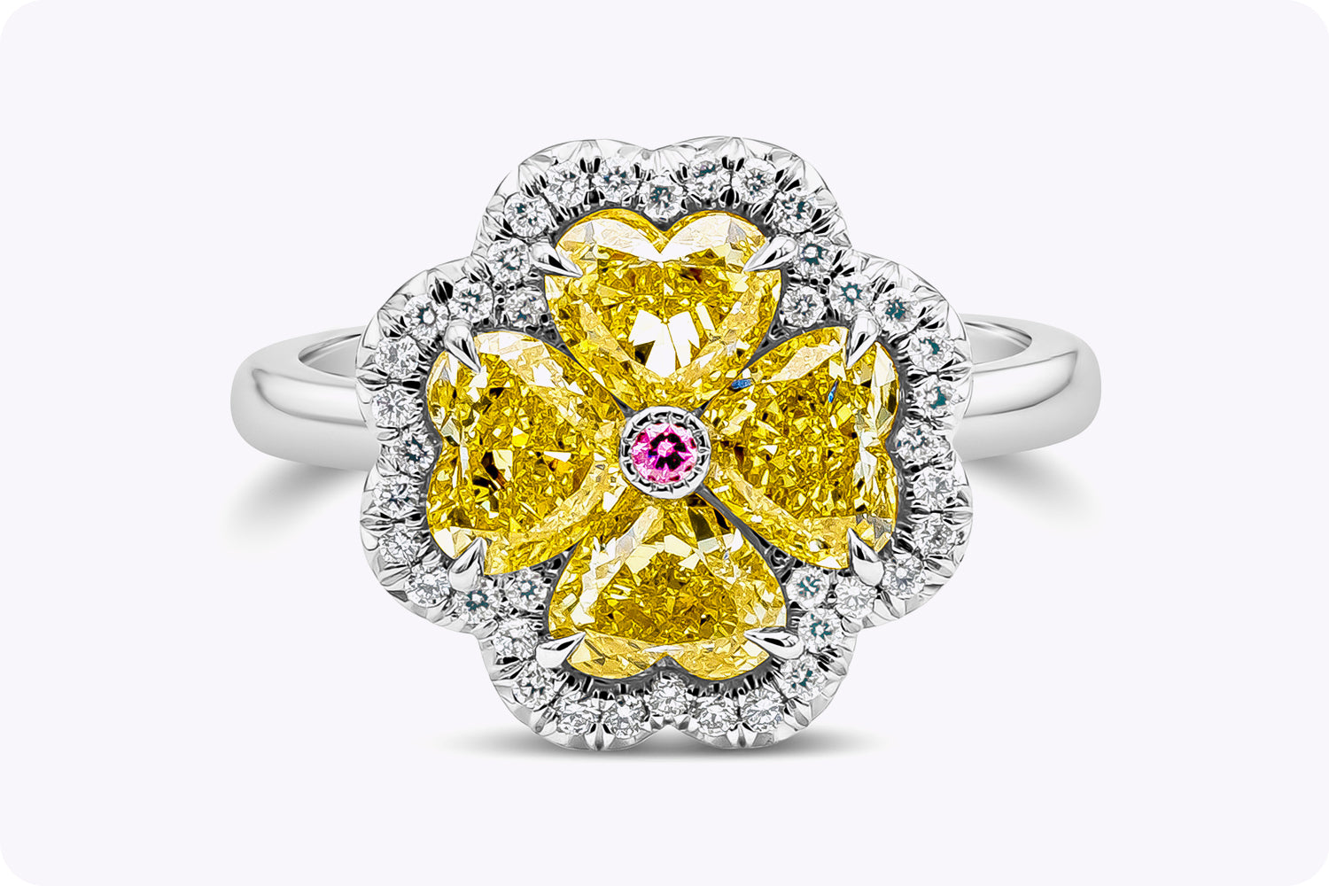 2.21 Carats Total Heart Shape Yellow Diamond Clover Leaf Fashion Ring in Platinum