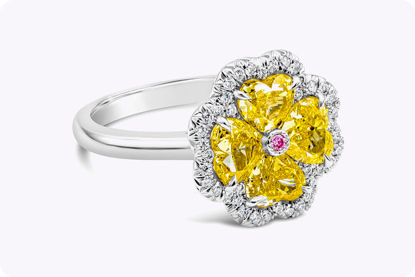 2.21 Carats Total Heart Shape Yellow Diamond Clover Leaf Fashion Ring in Platinum