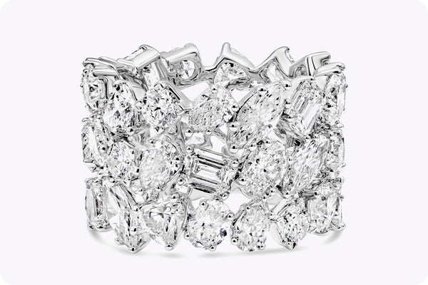 11.75 Carats Total Mixed Cut Three Row Diamond Eternity Fashion Ring in White Gold