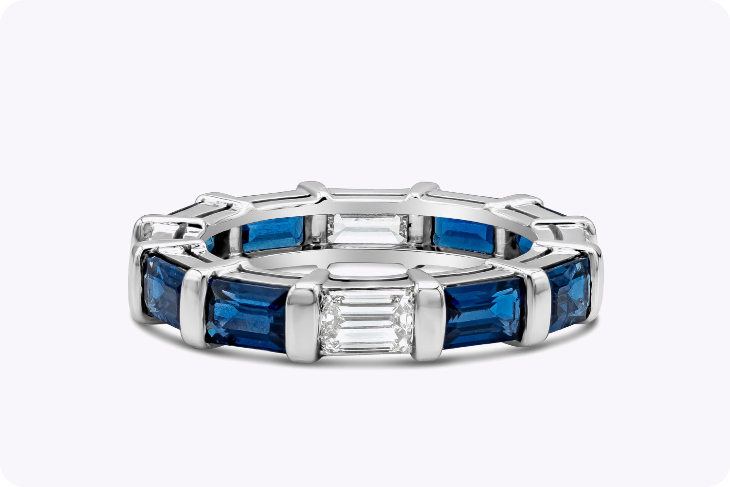 4.43 Carat Total Blue Sapphire and Emerald Cut Diamond Wedding Band in Platinum