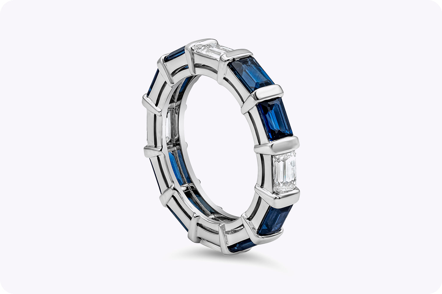 4.43 Carat Total Blue Sapphire and Emerald Cut Diamond Wedding Band in Platinum