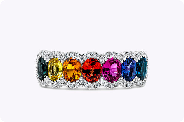 1.99 Carats Total Oval Cut Multi-Color Sapphire Seven-Stone Fashion Ring in White Gold