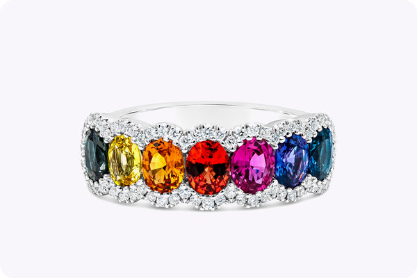 1.99 Carats Total Oval Cut Multi-Color Sapphire Seven-Stone Fashion Ring in White Gold