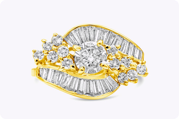 2.57 Carats Total Baguette & Round Cut Diamond Fashion Ring in Yellow Gold