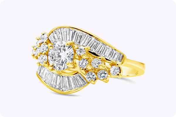 2.57 Carats Total Baguette & Round Cut Diamond Fashion Ring in Yellow Gold