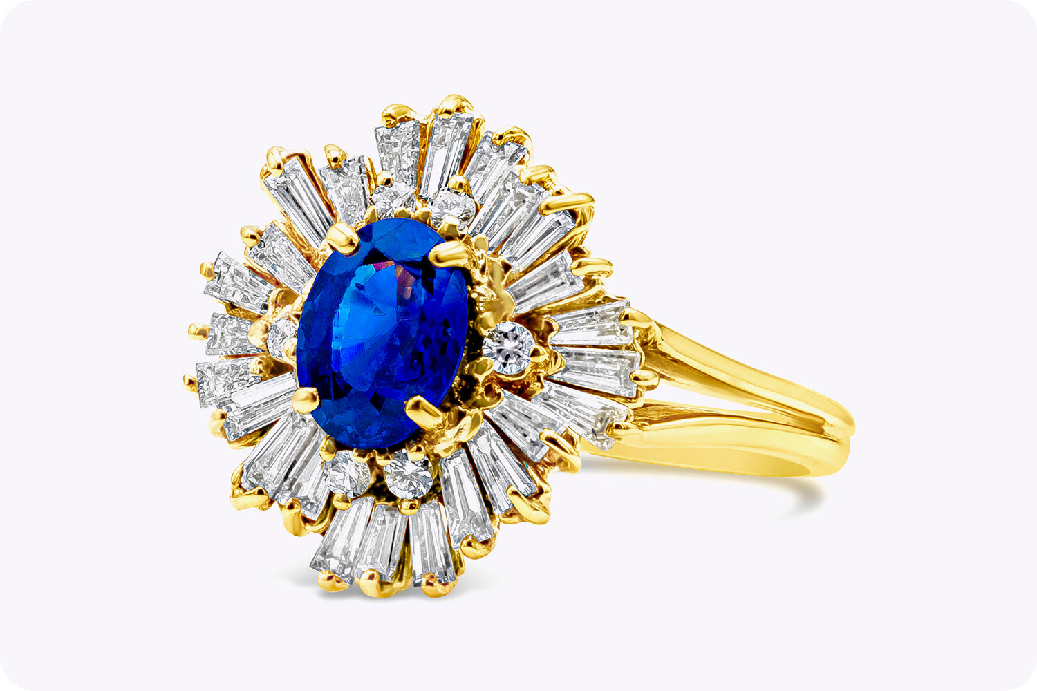 1.17 Carats Oval Cut Blue Sapphire & Mixed-Cut Diamond Cluster Fashion Ring in Yellow Gold