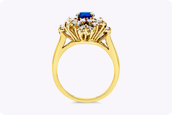 1.17 Carats Oval Cut Blue Sapphire & Mixed-Cut Diamond Cluster Fashion Ring in Yellow Gold