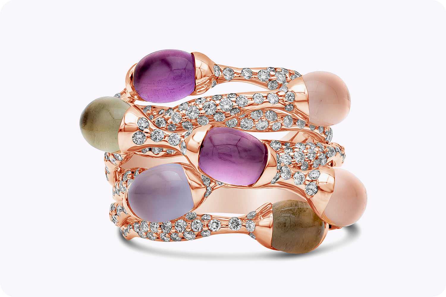 8.76 Carats Total Intertwined Multicolor Cabochon Fashion Ring in Rose Gold