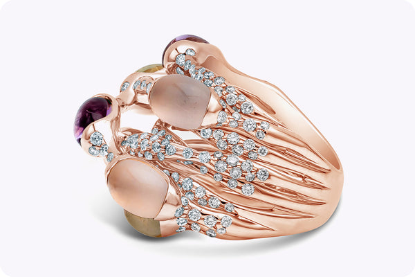 8.76 Carats Total Intertwined Multicolor Cabochon Fashion Ring in Rose Gold