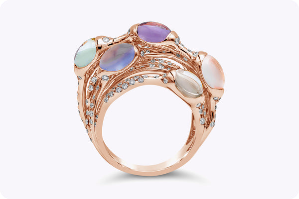 8.76 Carats Total Intertwined Multicolor Cabochon Fashion Ring in Rose Gold