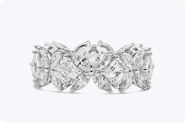 5.74 Carats Total Marquise and Asscher Cut Diamond Flower Eternity Wedding Band in Platinum