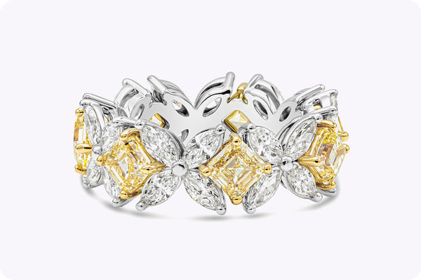 6.35 Carats Total Mixed Cut Fancy Intense Yellow and White Diamond Eternity Wedding Band in Yellow Gold and Platinum