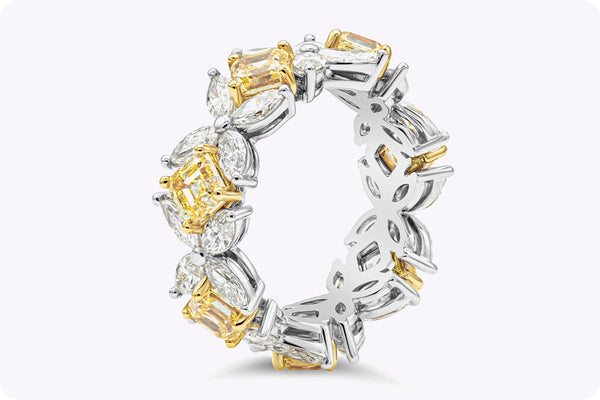 6.35 Carats Total Mixed Cut Fancy Intense Yellow and White Diamond Eternity Wedding Band in Yellow Gold and Platinum