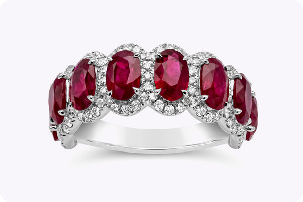 4.74 Carats Oval Cut Ruby and Diamonds Halo Eight Stone Wedding Band in White Gold