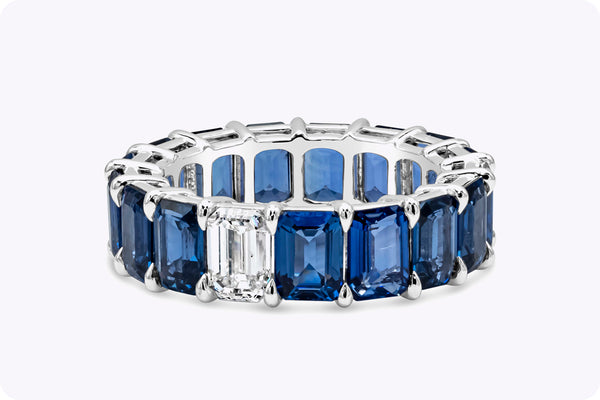 10.56 Carats Emerald Cut Blue Sapphires and Diamond Eternity Wedding Band in Platinum