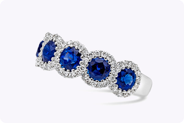 1.88 Carats Total Round Cut Blue Sapphire & Diamond Wedding Band in White Gold