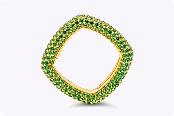 3.42 Carats Total Round Brilliant Cut Tsavorite Garnet Square Fashion Ring in Yellow Gold