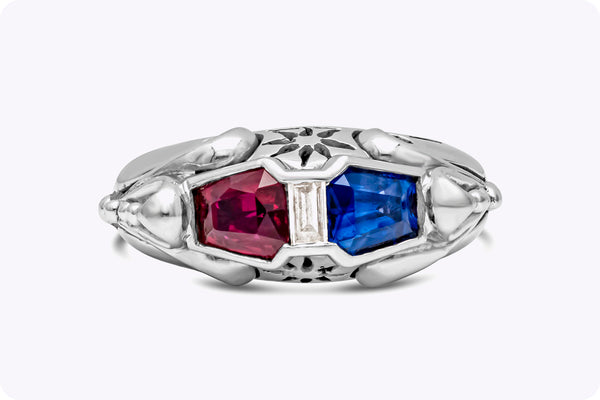 GIA Certified 1.60 Carats Total Trapezoid Cut Burmese Ruby & Sri Lankan Sapphire Ring in Platinum