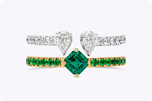 1.34 Carats Total Mixed-Cut Emerald & Diamond Double Band Fashion Ring in Two-Tone Gold