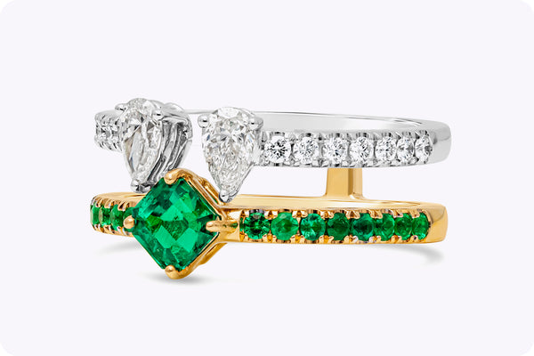 1.34 Carats Total Mixed-Cut Emerald & Diamond Double Band Fashion Ring in Two-Tone Gold