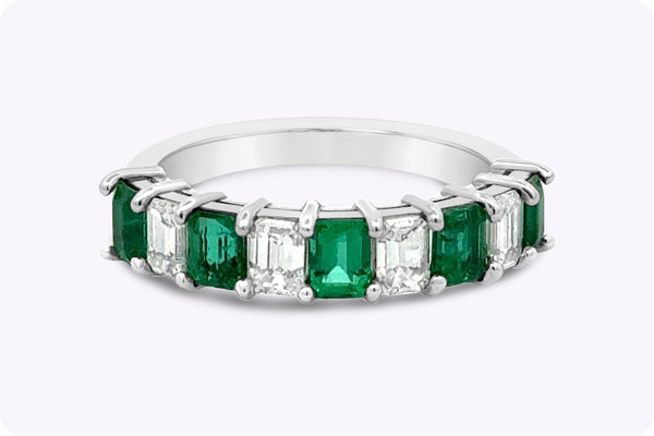 1.77 Carats Total Emerald Cut Emerald & Diamond Nine-Stone Wedding Band in Platinum