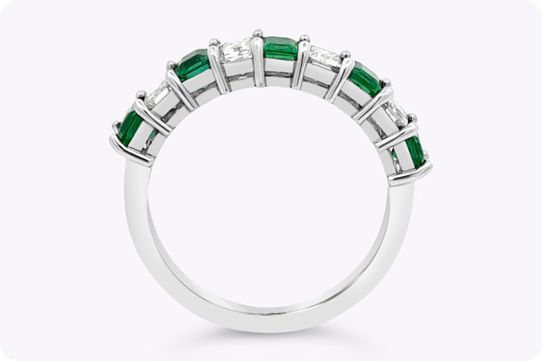 1.77 Carats Total Emerald Cut Emerald & Diamond Nine-Stone Wedding Band in Platinum