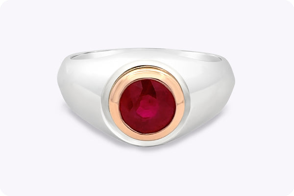 2.06 Carats Round Cut Burmese Ruby Men's Ring in Rose Gold & Platinum