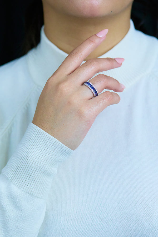 Sapphire & Diamond Wedding Band Ring in White Gold