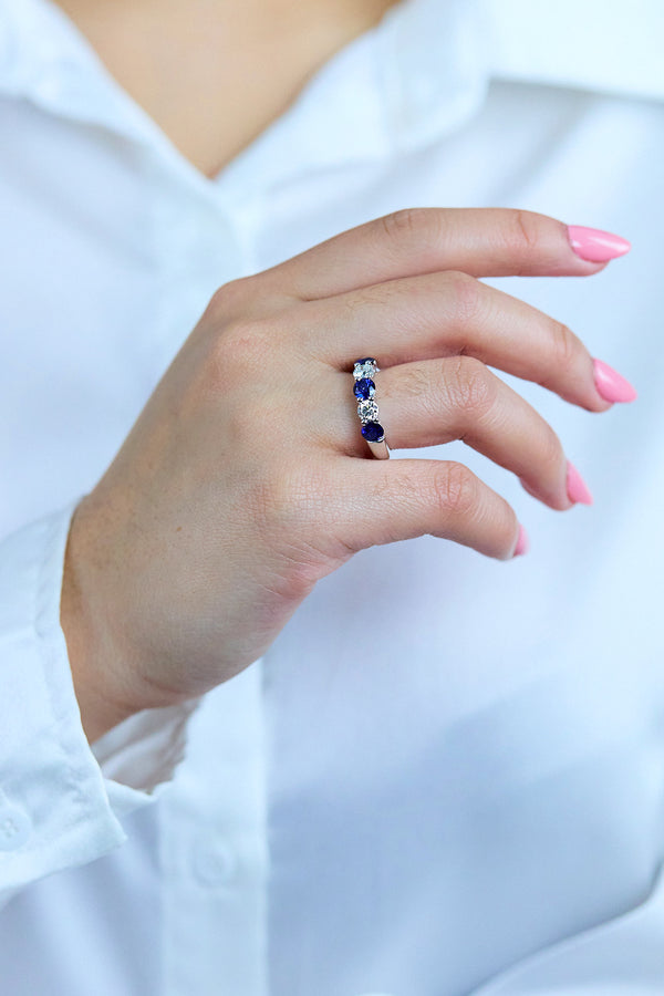 Sapphire & Diamond Five-Stone Wedding Band Ring in White Gold