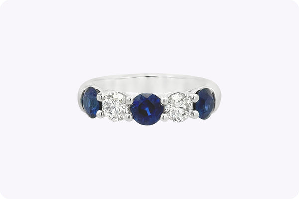 2.56 Carats Total Round Cut Sapphire & Diamond Five-Stone Wedding Band Ring in White Gold