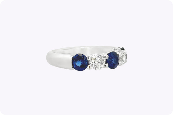 Round Cut Sapphire & Diamond Five-Stone Wedding Band Ring in White Gold