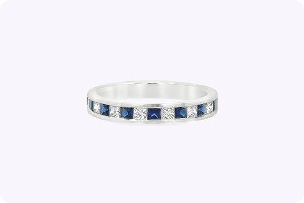 0.75 Carat Total Princess Cut Sapphire & Diamond Semi-Eternity Wedding Band Ring in White Gold