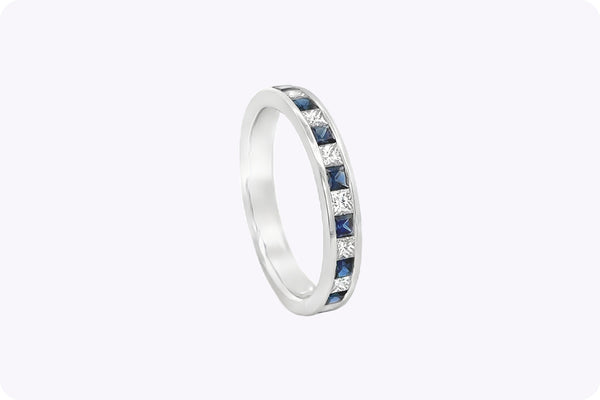 0.75 Carat Total Princess Cut Sapphire & Diamond Semi-Eternity Wedding Band Ring in White Gold