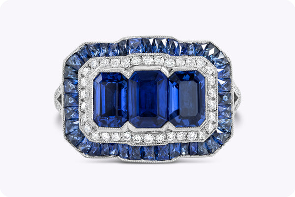 2.01 Carats Total Emerald Cut Sapphires & Diamond Double Halo Ring in Platinum
