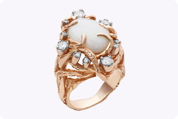 Cabochon Ethiopian White Opal & Diamond Cocktail Ring