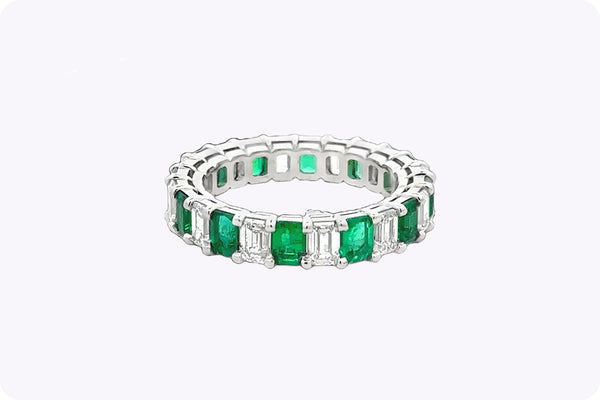 4.45 Carats Total Alternating Emerald-Cut Emerald and Diamond Wedding Band in Platinum